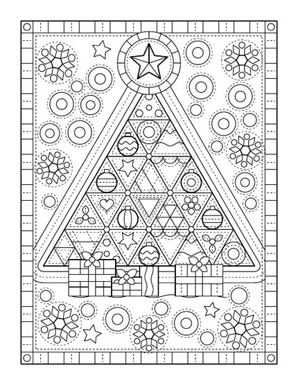 Christmas Quilt Coloring Book sample page: a patchwork Christmas tree