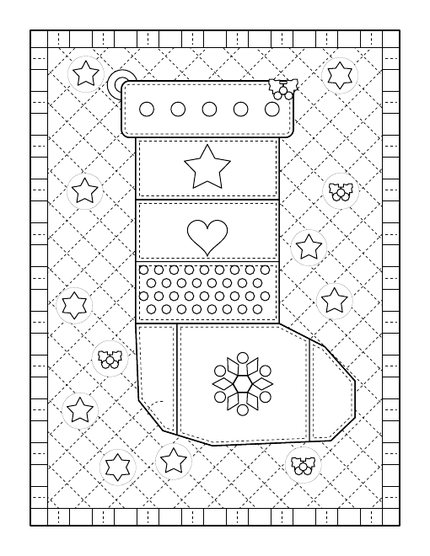 Christmas Quilt Coloring Book sample page: a patchwork stocking