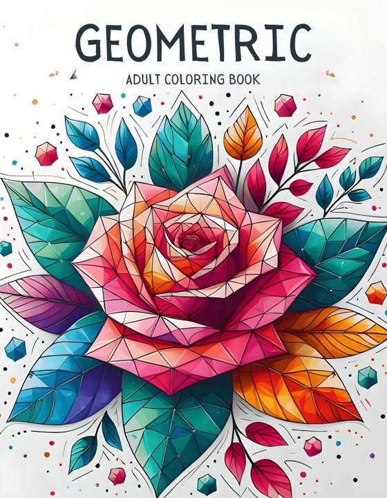 Geometric Adult Coloring Book cover: a faceted rose surrounded by bright geometric leaves