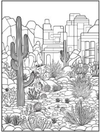Geometric Adult Coloring Book sample page: desert cactus landscape