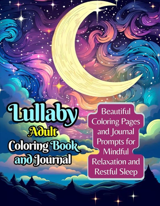Lullaby Adult Coloring Book and Journal cover: a glowing crescent moon over swirling night clouds