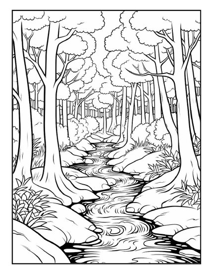 Lullaby Adult Coloring Book sample page: a forest stream