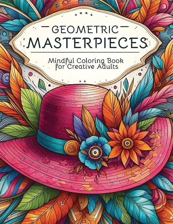 Geometric Masterpieces cover: a bright pink hat wrapped in flowers and colorful leaves