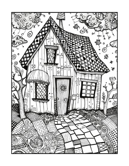 Geometric Masterpieces sample page: a cottage with a patchwork path