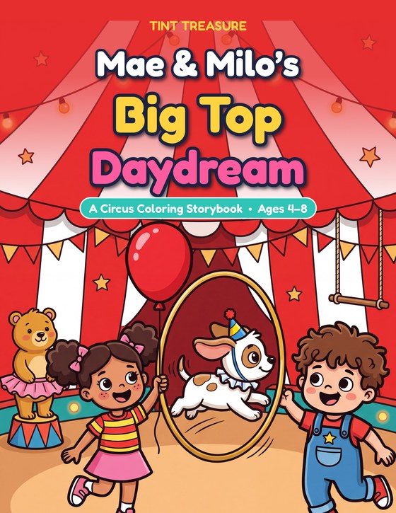 Mae and Milo's Big Top Daydream cover: Mae holds a red balloon and Milo waves as a puppy leaps through a hoop under a red and white circus tent
