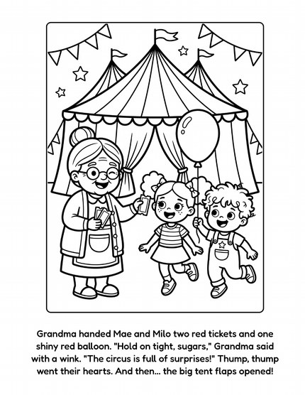 Mae and Milo's Big Top Daydream sample page: Grandma gives Mae and Milo circus tickets and a balloon