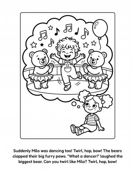 Mae and Milo's Big Top Daydream sample page: Milo daydreams he is dancing with the bears