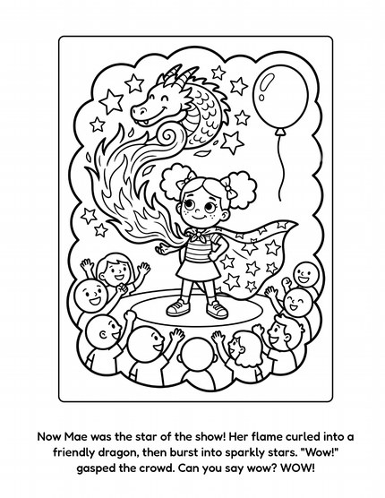 Mae and Milo's Big Top Daydream sample page: Mae's flame turns into a friendly dragon