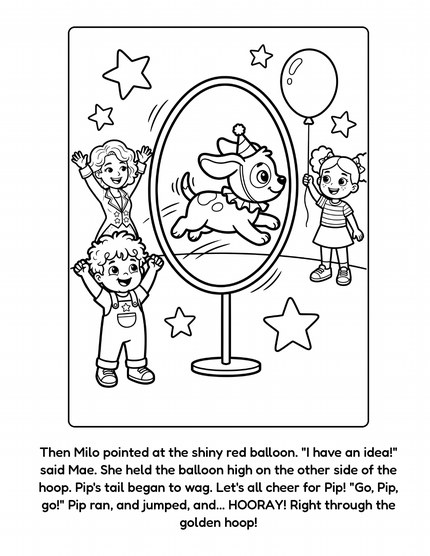 Mae and Milo's Big Top Daydream sample page: Pip the puppy jumps through the golden hoop