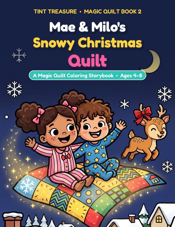 Mae and Milo's Snowy Christmas Quilt cover: Mae and Milo in pajamas fly on a patchwork quilt through a snowy night sky beside a little reindeer with a red bow