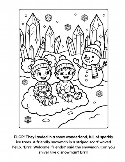 Mae and Milo's Snowy Christmas Quilt sample page: Mae and Milo meet a friendly snowman by sparkly ice trees