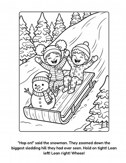 Mae and Milo's Snowy Christmas Quilt sample page: sledding down a big snowy hill with the snowman