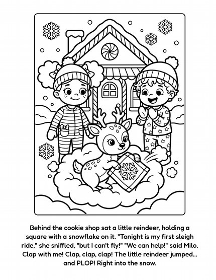 Mae and Milo's Snowy Christmas Quilt sample page: a little reindeer with a snowflake quilt square