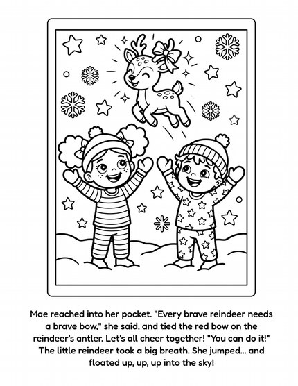 Mae and Milo's Snowy Christmas Quilt sample page: the little reindeer flies with a bow on her antler