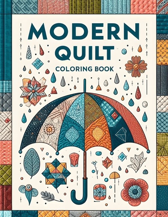 Modern Quilt Coloring Book cover: a patchwork umbrella surrounded by quilted shapes and flowers