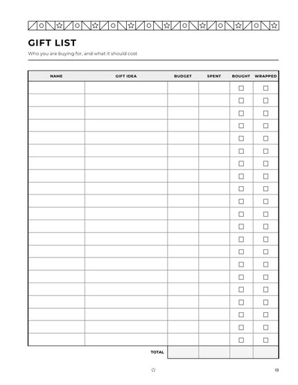 Christmas Budget and Bill Planner sample page: Gift list