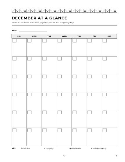 Christmas Budget and Bill Planner sample page: December at a glance