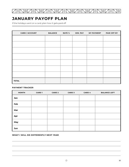 Christmas Budget and Bill Planner sample page: January payoff plan