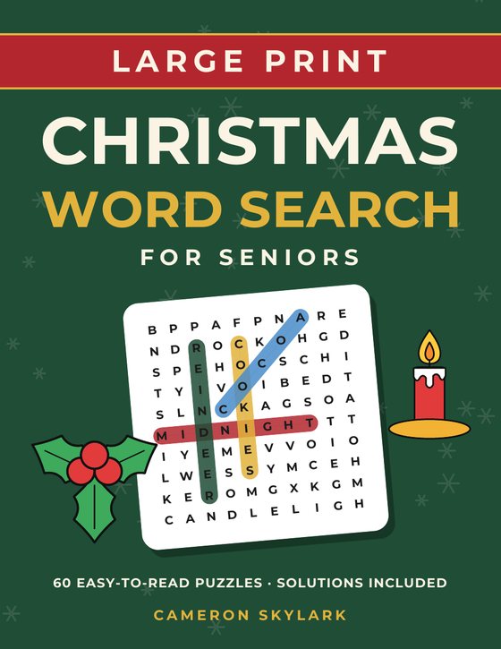 Large Print Christmas Word Search for Seniors cover: a big puzzle grid with holly and a candle