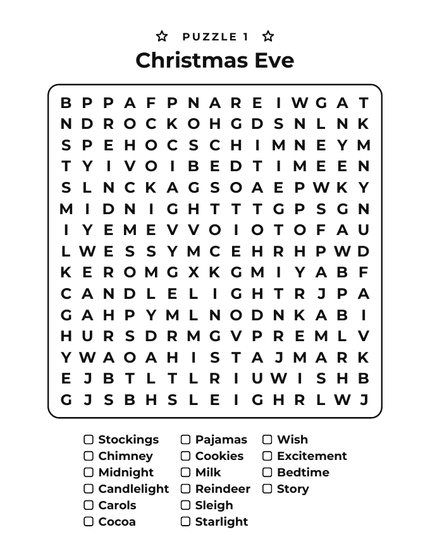Large Print Christmas Word Search sample puzzle: Christmas Eve