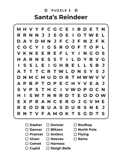 Large Print Christmas Word Search sample puzzle: Santa's Reindeer