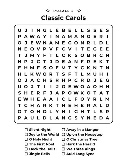 Large Print Christmas Word Search sample puzzle: Classic Carols