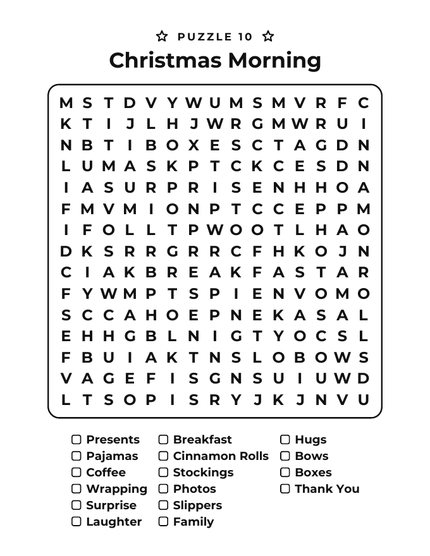 Large Print Christmas Word Search sample puzzle: Christmas Morning